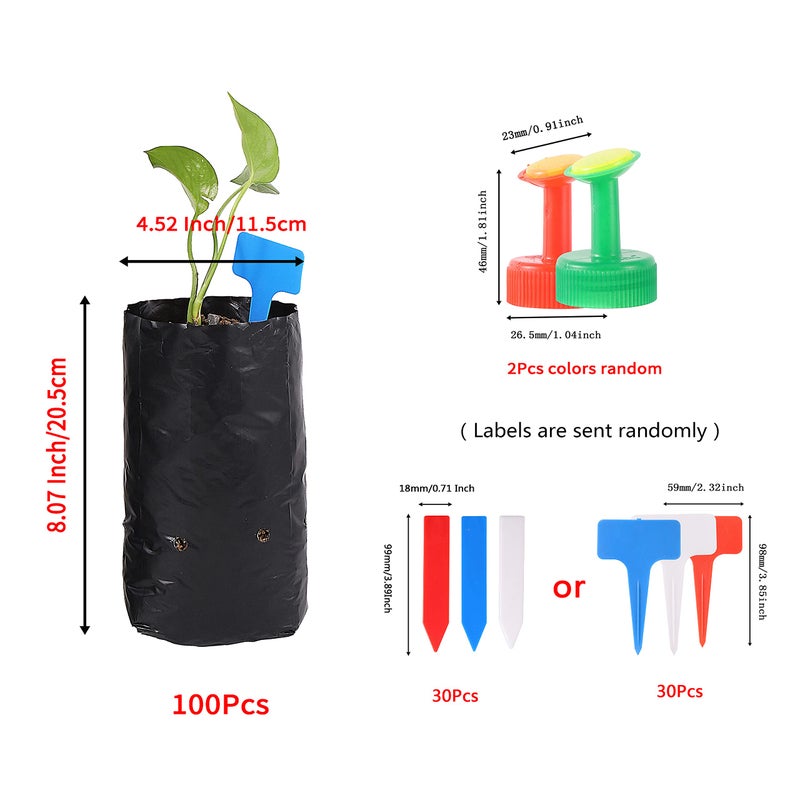 FULAIERGD 100 Pcs Thicken PE Seedling Bag Fruit Tree Seedling Cup Bonsai Planting Bag with 30 Pcs Plant Labels and 2 Pcs Mini Hand Portable Watering Sprinkler (4.52 Dia x 8.07 Height Inches) - Image 2